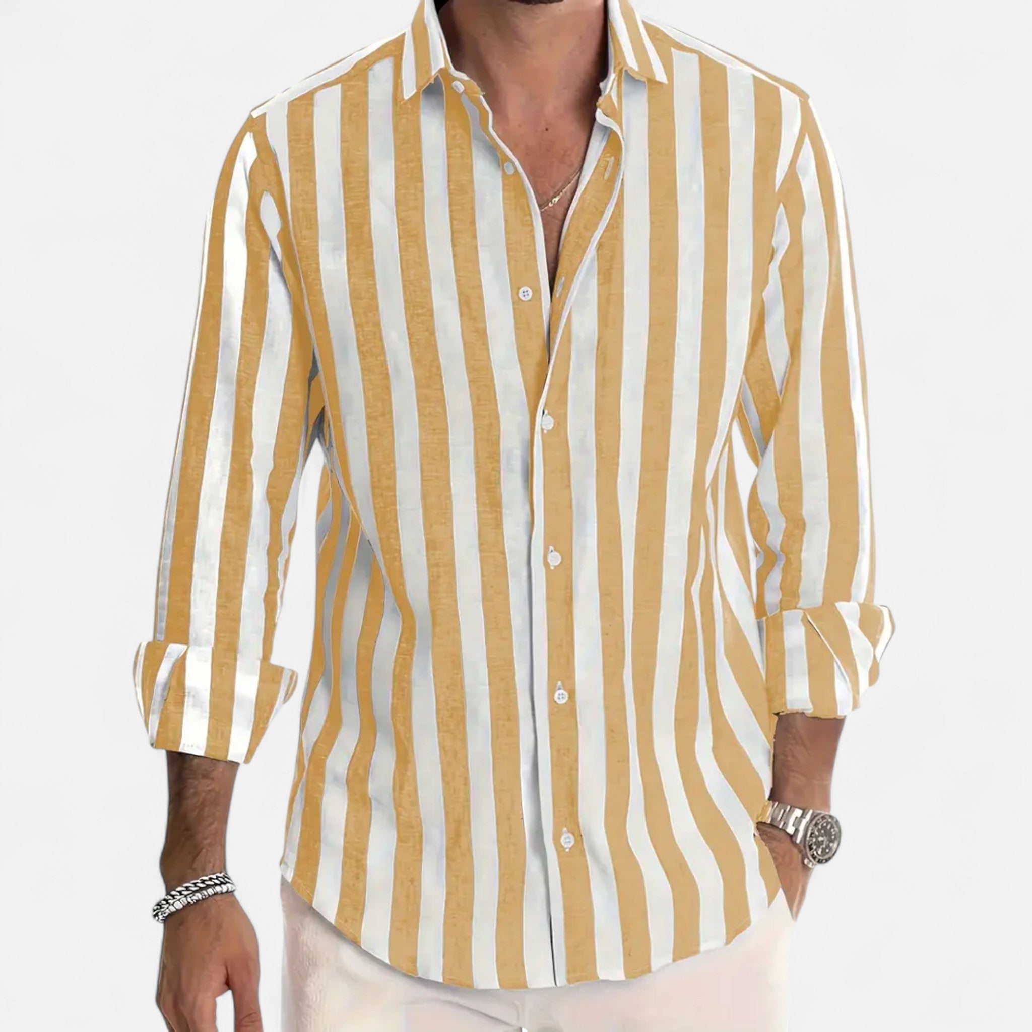 Artvalley Mode | Men’s Cotton-Linen Shirt Lightweight Comfort Striped Long Sleeve
