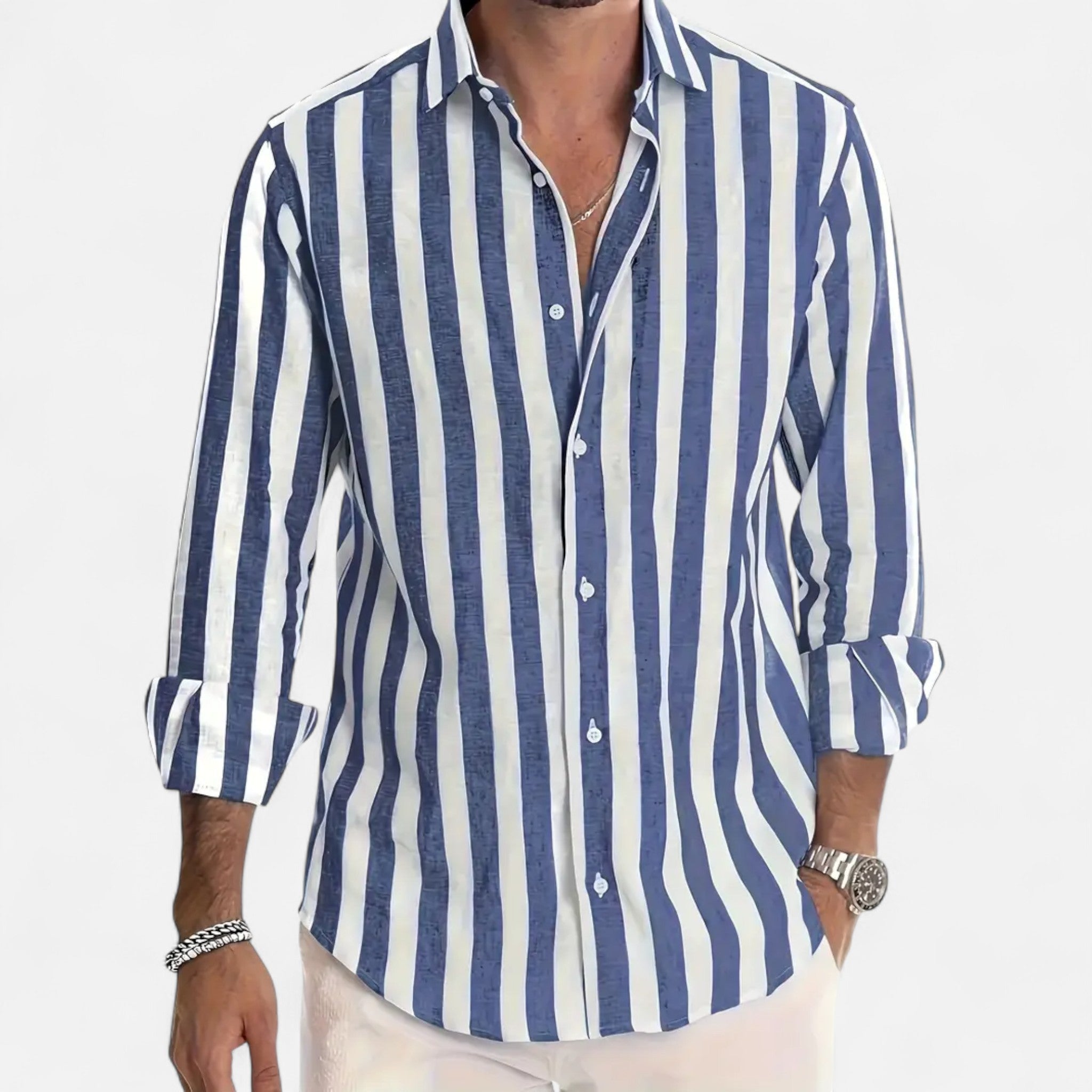 Artvalley Mode | Men’s Cotton-Linen Shirt Lightweight Comfort Striped Long Sleeve