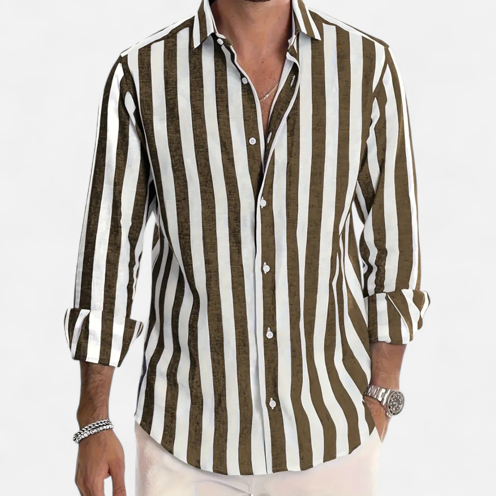 Artvalley Mode | Men’s Cotton-Linen Shirt Lightweight Comfort Striped Long Sleeve