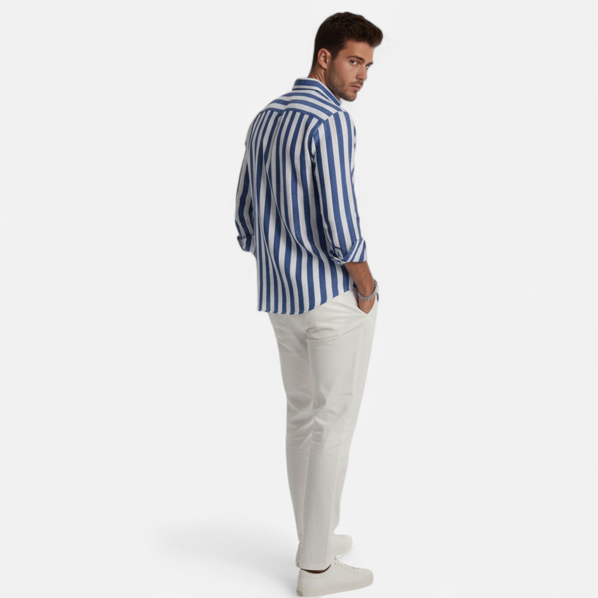 Artvalley Mode | Men’s Cotton-Linen Shirt Lightweight Comfort Striped Long Sleeve