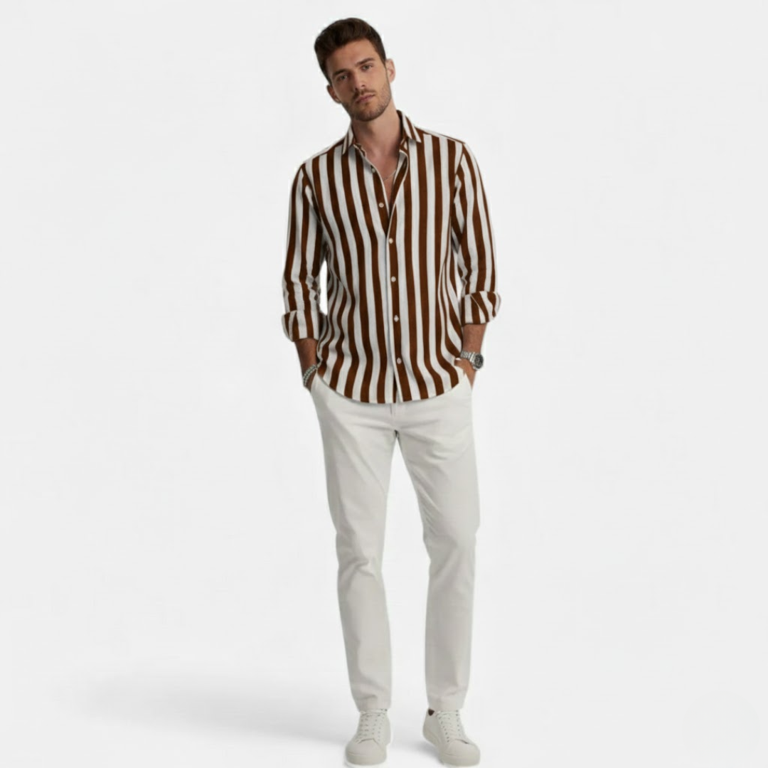 Artvalley Mode | Men’s Cotton-Linen Shirt Lightweight Comfort Striped Long Sleeve