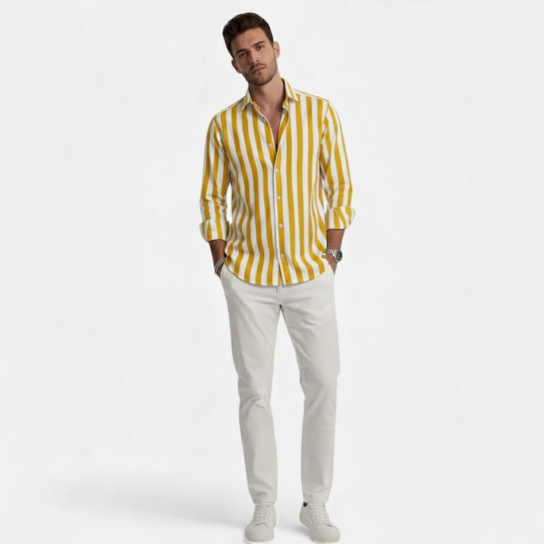 Artvalley Mode | Men’s Cotton-Linen Shirt Lightweight Comfort Striped Long Sleeve