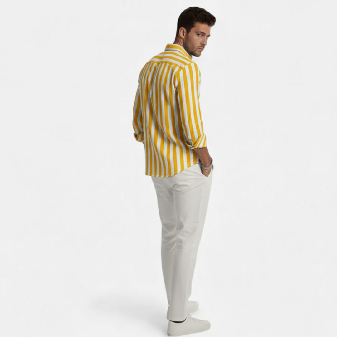 Artvalley Mode | Men’s Cotton-Linen Shirt Lightweight Comfort Striped Long Sleeve