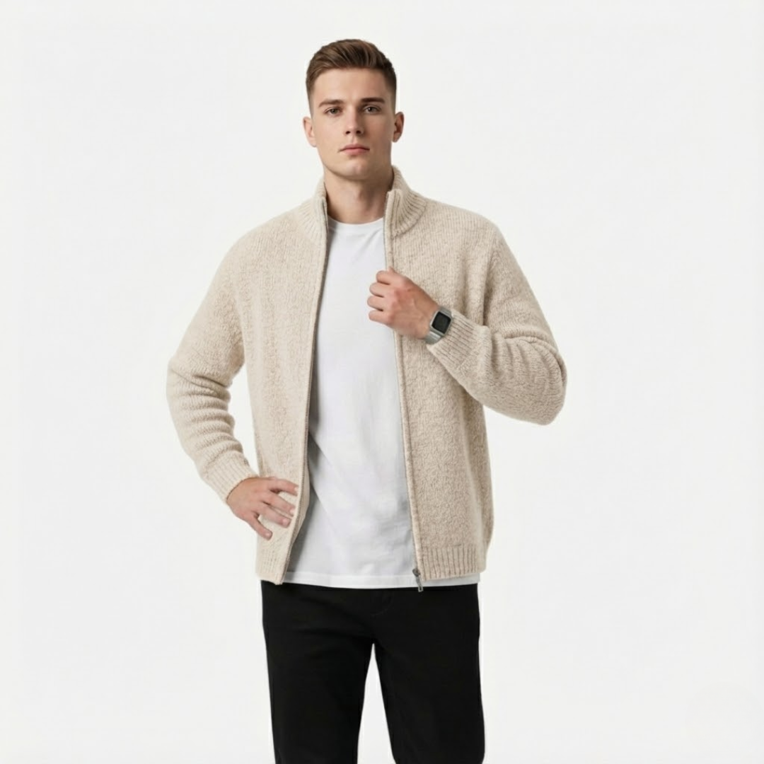 Artvalley Mode | Men’s Cardigan Zip Stand-Collar Knit Cotton-Blend Lightweight Layer
