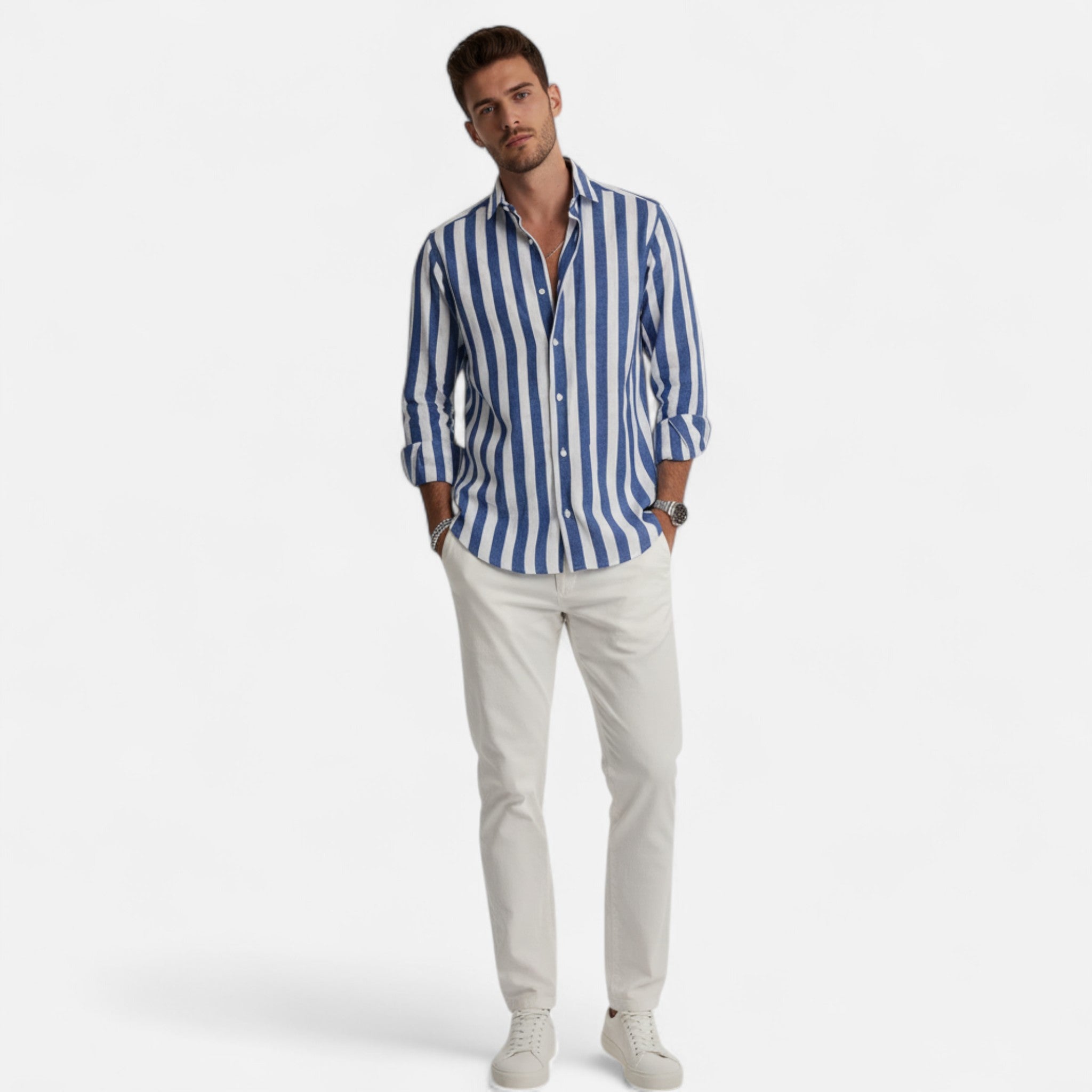 Artvalley Mode | Men’s Cotton-Linen Shirt Lightweight Comfort Striped Long Sleeve